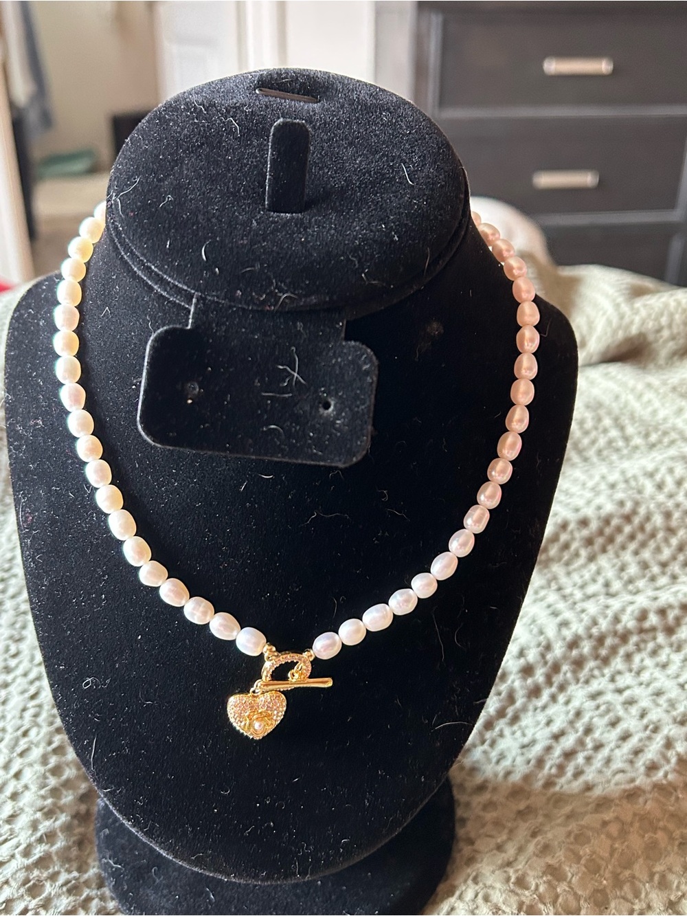 2 Layered Cultured Pearl/Baroque pearl/Black Bead Heart-Lock Necklaces by Farra - Picture 3 of 10